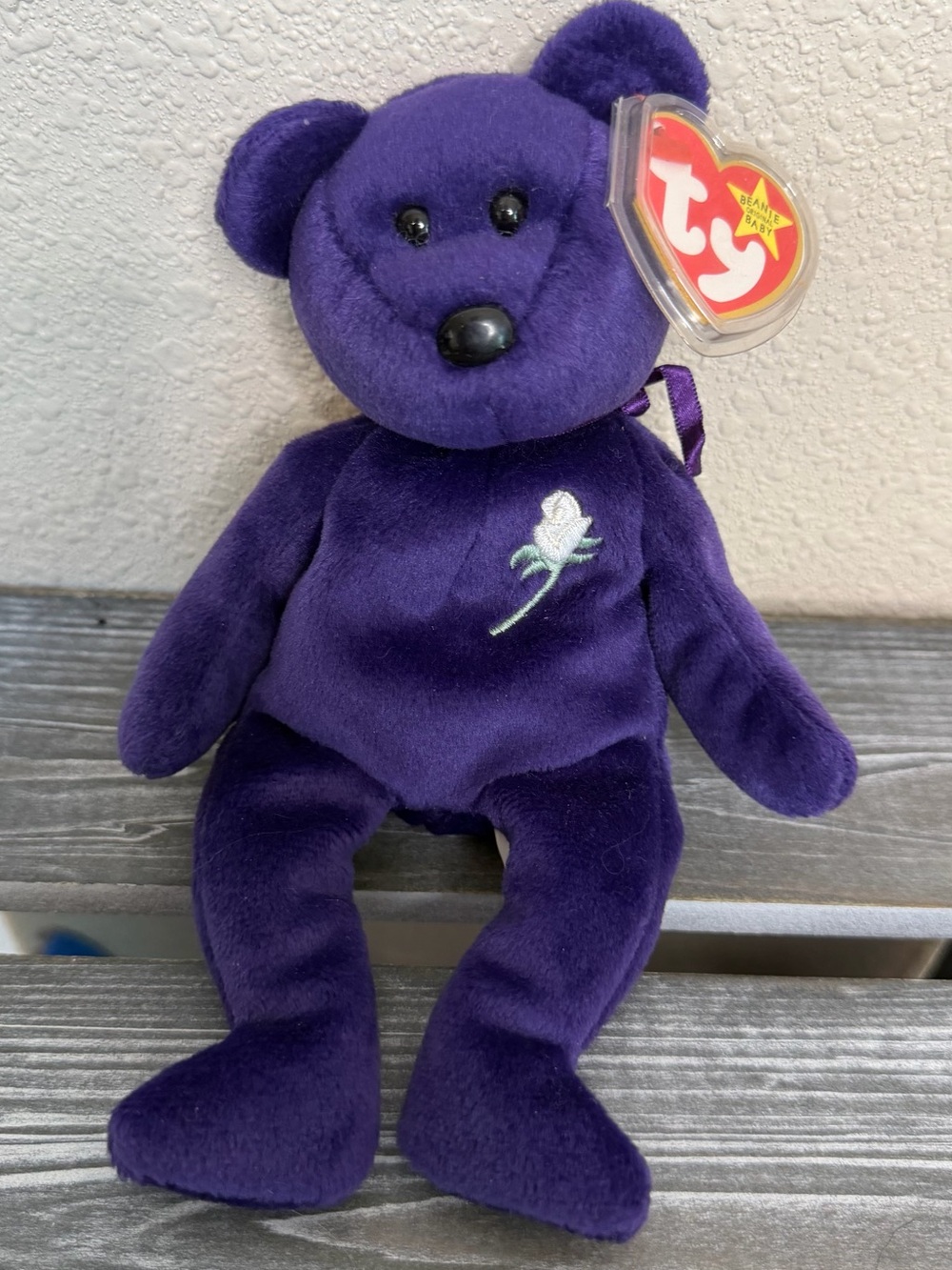 Ty Purple Bear “princess” with White Rose Embroidery Plush